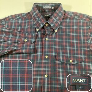 Gant Mens M Foxhunt Plaid Shirt Button Down Cotton Blend Navy Red